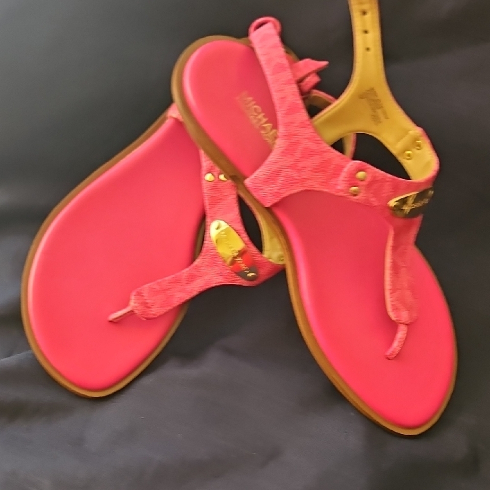 Michael Kors Coral Pink T-Strap Sandals with Gold Accents - Picture 7 of 7